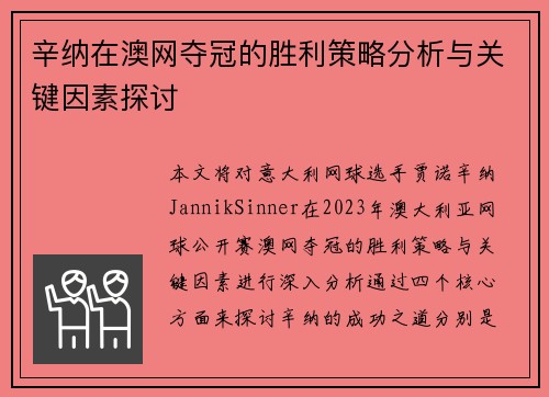 辛纳在澳网夺冠的胜利策略分析与关键因素探讨