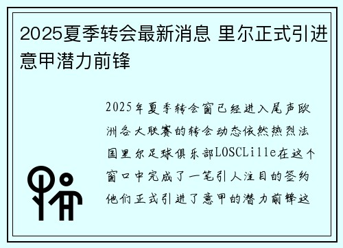 2025夏季转会最新消息 里尔正式引进意甲潜力前锋 2025夏季转会最新消息 里尔正式引进意甲潜力前锋